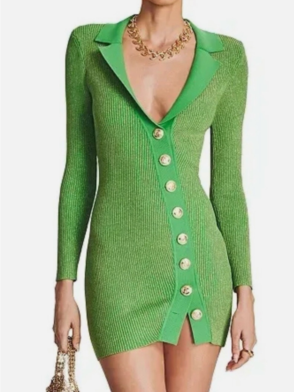 Retrofete Green Ribbed Long-Sleeve Mini Dress with Gold Buttons